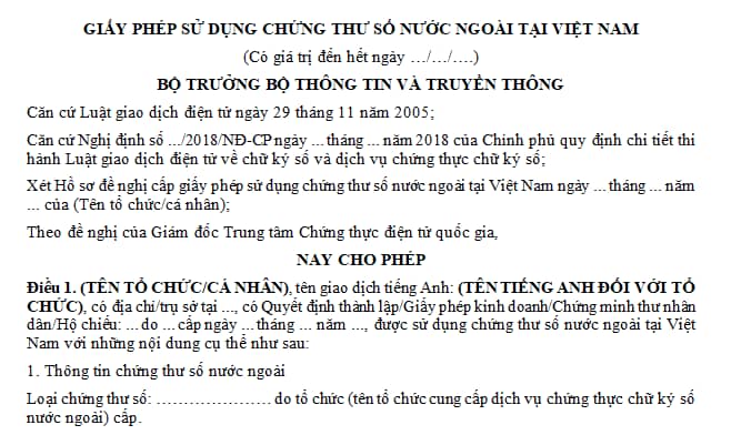Mẫu giấy phép sử dụng chứng thư số nước ngoài tại Việt Nam