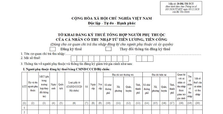 Tờ khai đăng ký thuế tổng hợp người phụ thuộc của cá nhân có thu nhập từ tiền lương, tiền công