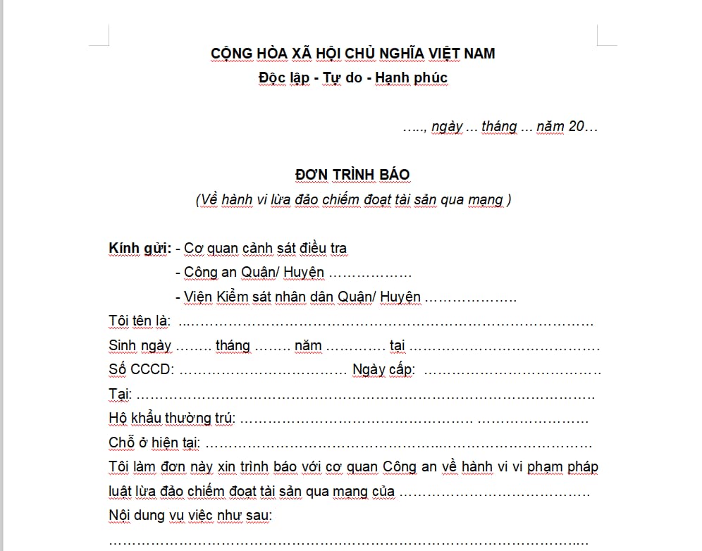 Mẫu đơn trình công an bị lừa đảo chiếm đoạt tài sản qua mạng? Tải mẫu đơn trình báo bị lừa đảo ở đâu?
