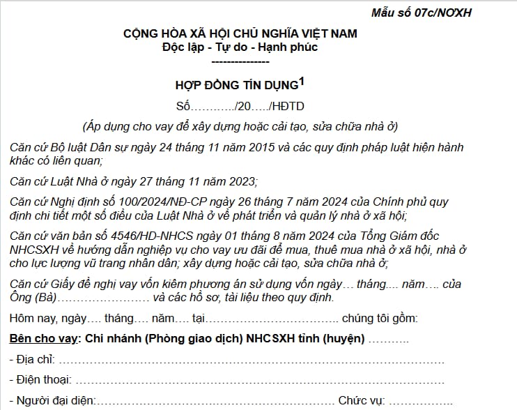 Mẫu hợp đồng tín dụng mới nhất áp dụng cho vay vốn để xây dựng hoặc cải tạo, sửa chữa nhà ở hiện nay?