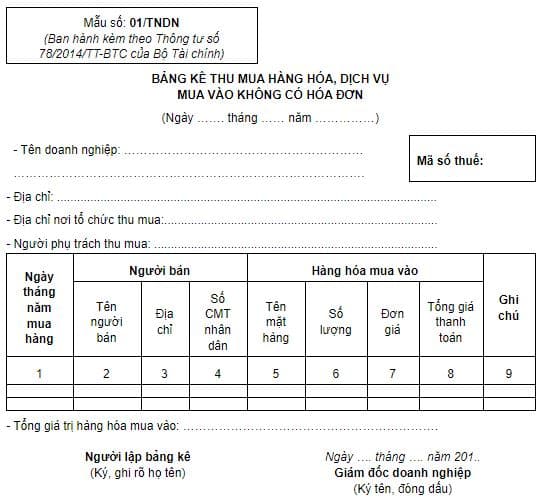 Mẫu bảng kê thu mua hàng hóa, dịch vụ mua vào không có hóa đơn mới nhất năm 2024