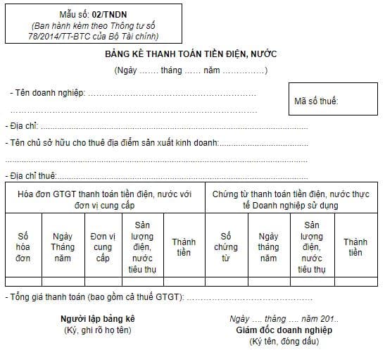 Mẫu bảng kê thanh toán tiền điện, nước của doanh nghiệp mới nhất 2024 