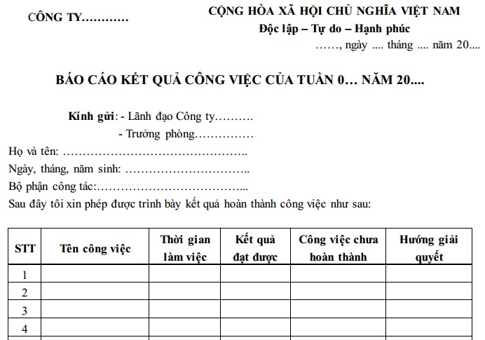 Mẫu báo cáo kết quả công việc theo tuần