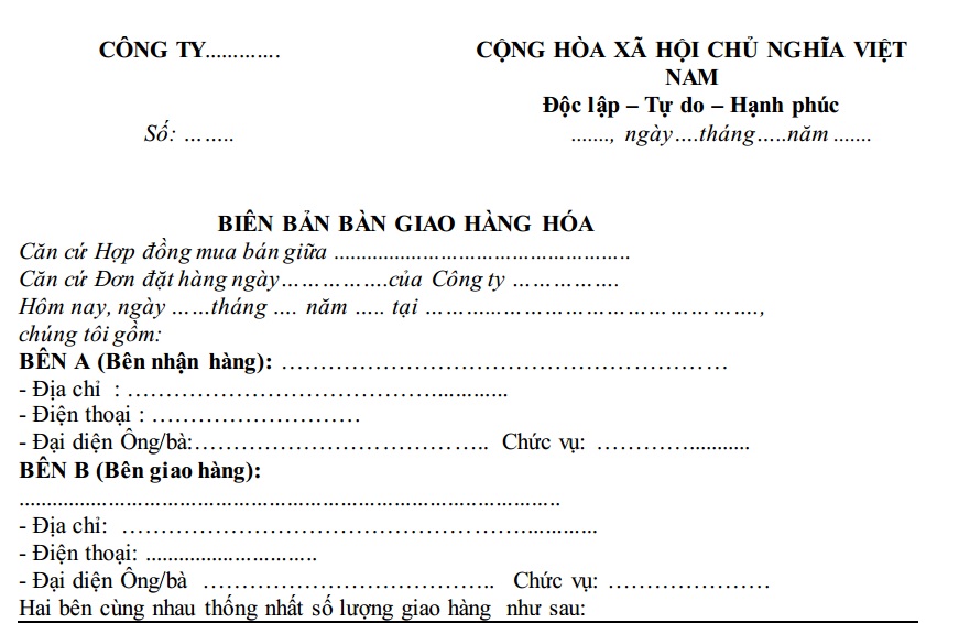 Biên bản bàn giao hàng hóa