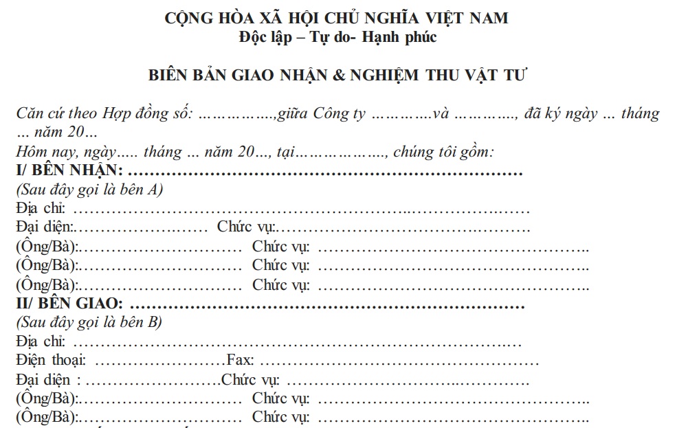 Mẫu biên bản giao nhận hàng hóa và nghiệm thu