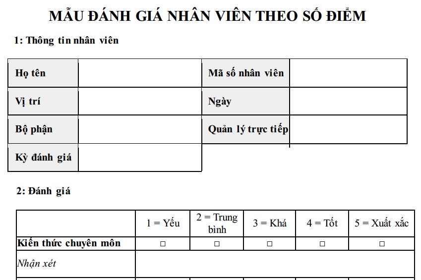 Mẫu đánh giá nhân viên theo số điểm