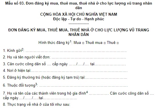 Đơn đăng ký mua, thuê mua, thuê nhà ở cho lực lượng vũ trang nhân dân