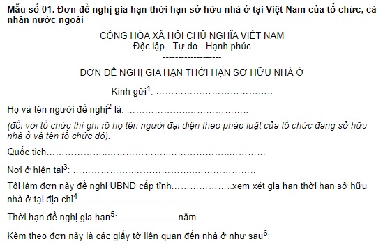 Đơn đề nghị gia hạn thời hạn sở hữu nhà ở tại Việt Nam của tổ chức, cá nhân nước ngoài