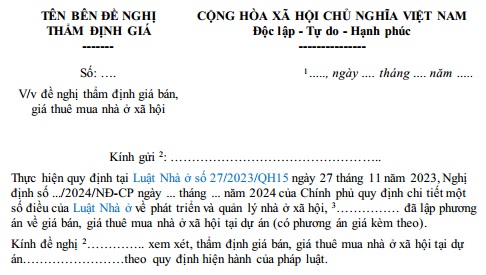 Đơn đề nghị thẩm định giá bán, giá thuê mua nhà ở xã 