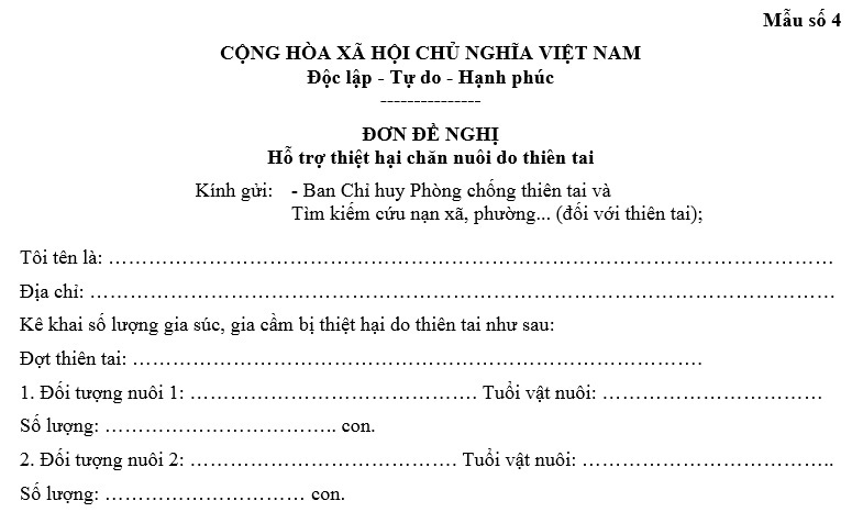 Đơn đề nghị hỗ trợ thiệt hại chăn nuôi do bão