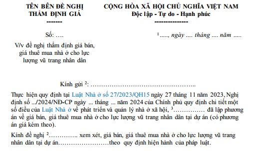 Đơn đề nghị thẩm định giá bán, giá thuê mua nhà ở cho lực lượng vũ trang nhân dân