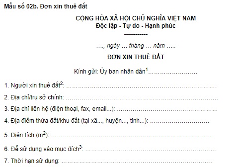 Mẫu 2b Đơn xin thuê đất 