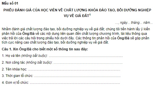  Phiếu đánh giá của học viên về chất lượng khóa đào tạo, bồi dưỡng nghiệp vụ về giá đất