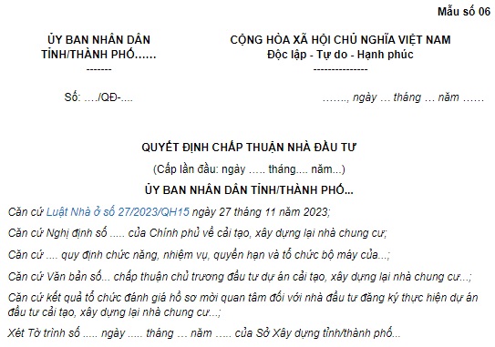 Mẫu 06 Quyết định chấp thuận nhà đầu tư