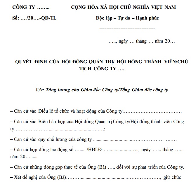 Mẫu quyết định tăng lương cho Giám đốc Công ty mới nhất? Hướng dẫn viết mẫu quyết định tăng lương cho Giám đốc Công ty?