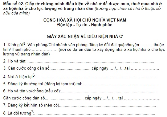 Giấy tờ chứng minh điều kiện về nhà ở để được mua, thuê mua nhà ở cho lực lượng vũ trang nhân dân