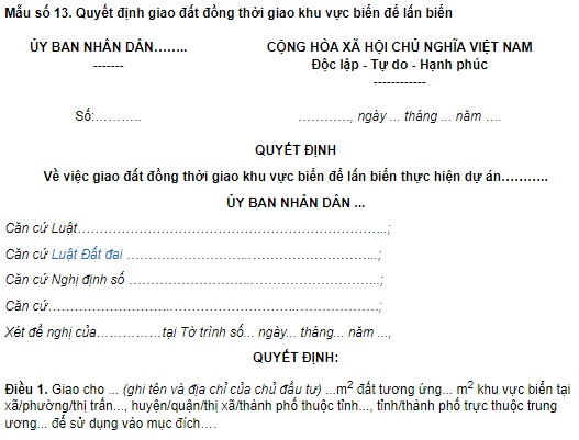 Quyết định giao đất đồng thời giao khu vực biển để lấn biển