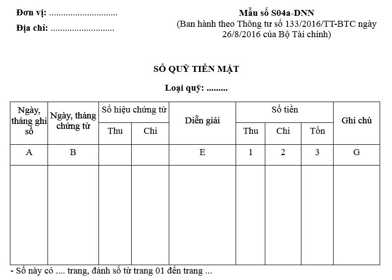 Mẫu sổ quỹ tiền mặt Thông tư 133