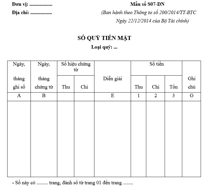 Mẫu sổ quỹ tiền mặt Thông tư 200