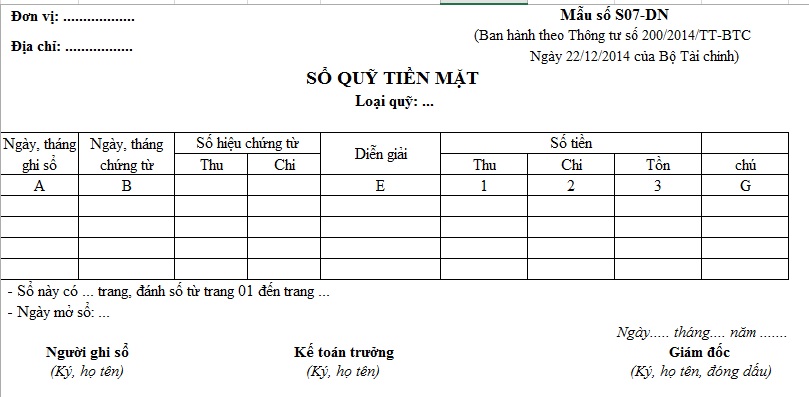 Mẫu sổ quỹ tiền mặt