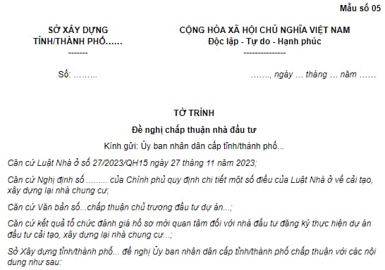 Tờ trình đề nghị chấp thuận nhà đầu tư