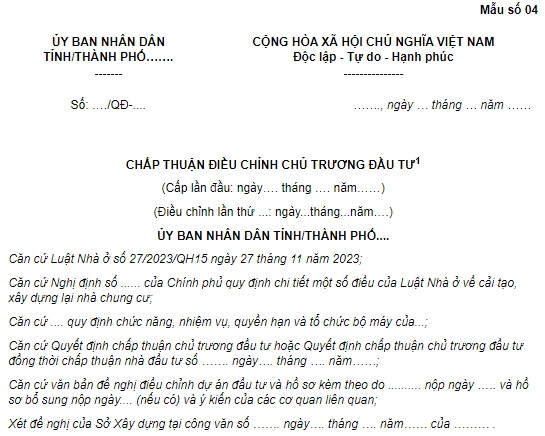 Mẫu văn bản chấp thuận điều chỉnh chủ trương đầu tư