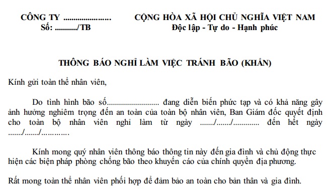 Mẫu thông báo nghỉ tránh bão 2024