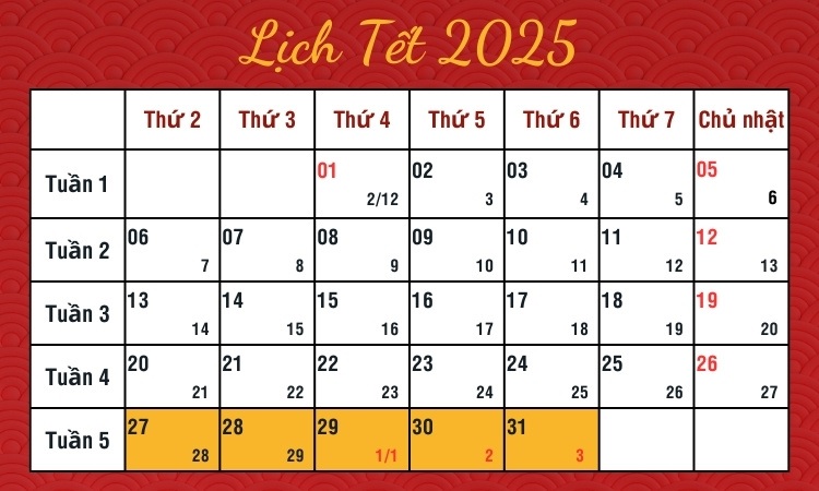 Lịch Tết Âm lịch 2025