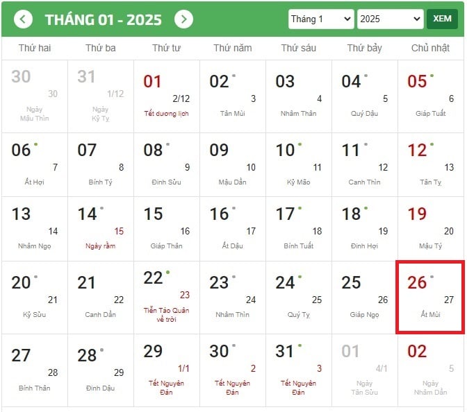 Ngày 26 tháng 1 là ngày gì? Ngày 26 tháng 1 năm 2025 là ngày bao nhiêu âm? Ngày 26 tháng 1 có sự kiện gì ở Việt Nam?