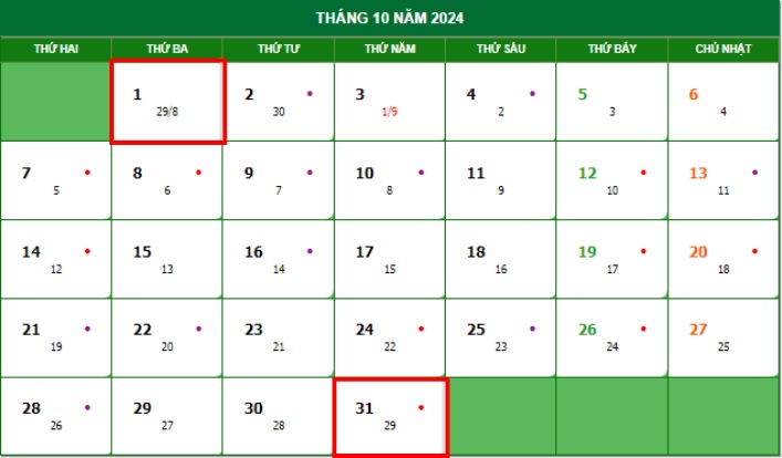 Lịch dương tháng 10 năm 2024