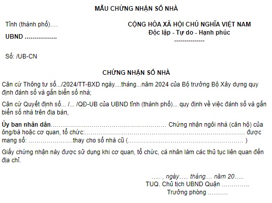 Mẫu chứng nhận số nhà