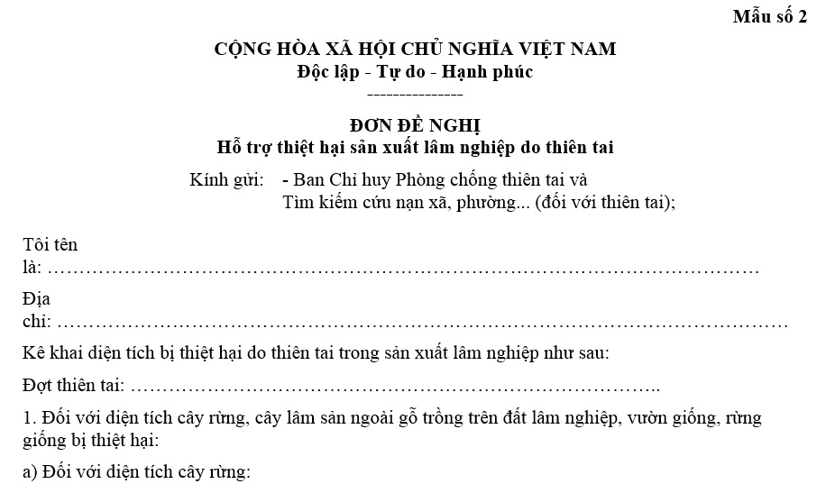 Đơn đề nghị hỗ trợ thiệt hại sản xuất lâm nghiệp do bão