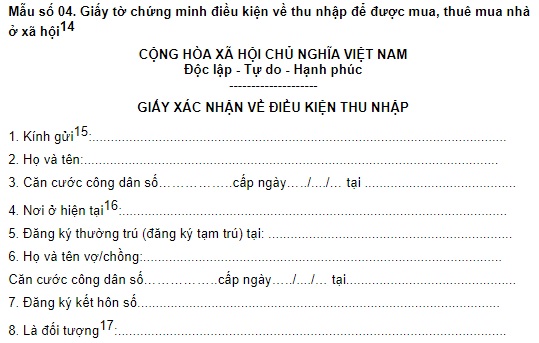 Giấy tờ chứng minh điều kiện về thu nhập để được mua, thuê mua nhà ở xã hội