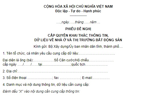 Mẫu Phiếu đề nghị cấp quyền khai thác thông tin, dữ liệu về nhà ở và thị trường bất động sản