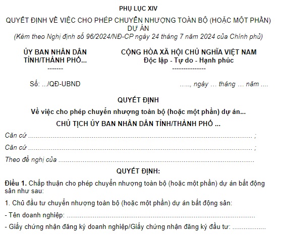 mẫu quyết định về việc cho phép chuyển nhượng toàn bộ (hoặc một phần) dự án bất động sản