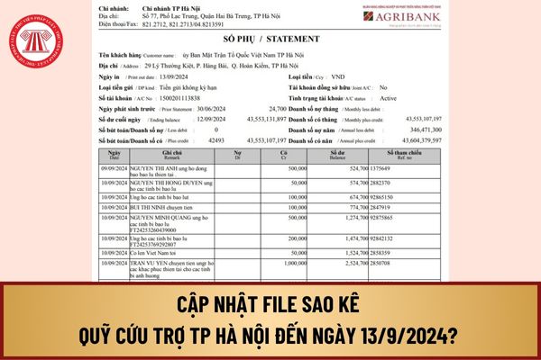 Cập nhật File sao kê Quỹ Cứu trợ TP Hà Nội đến ngày 13/9/2024? Tải File sao kê Quỹ Cứu trợ TP Hà Nội ở đâu?