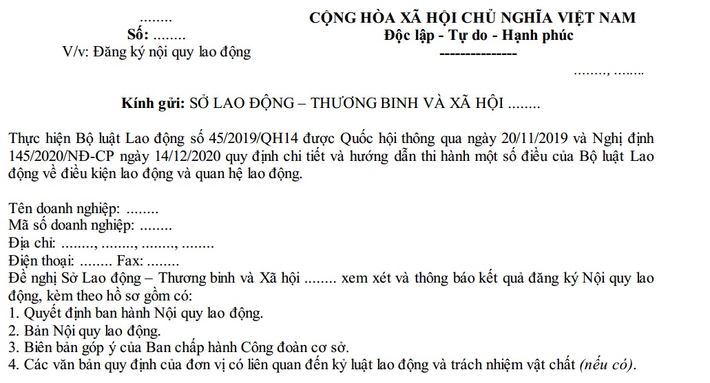 Mẫu văn bản đề nghị đăng ký nội quy lao động