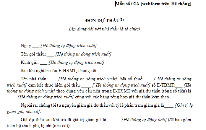 Mẫu đơn dự thầu qua mạng lựa chọn nhà thầu thực hiện gói thầu mua sắm hàng hóa theo phương thức 1 giai đoạn 1 túi hồ sơ?