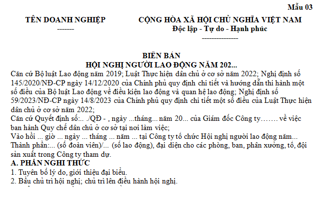 Mẫu biên bản hội nghị người lao động mới nhất là mẫu nào?