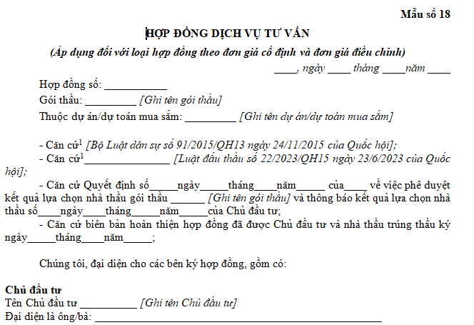 Mẫu hợp đồng dịch vụ tư vấn áp dụng đối với loại hợp đồng theo đơn giá cố định là mẫu nào?