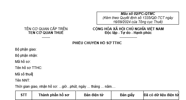 Mẫu Phiếu chuyển hồ sơ TTHC theo cơ chế một cửa, một cửa liên thông tại cơ quan thuế mới nhất?