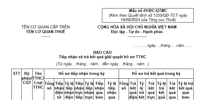 Mẫu Báo cáo tiếp nhận và trả kết quả hồ sơ TTHC theo cơ chế một cửa, một cửa liên thông tại cơ quan thuế?