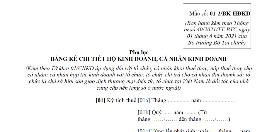 Mẫu Phụ lục bảng kê chi tiết hộ kinh doanh, cá nhân kinh doanh nộp thuế theo phương pháp kê khai kèm theo tờ khai 01 CNKD?