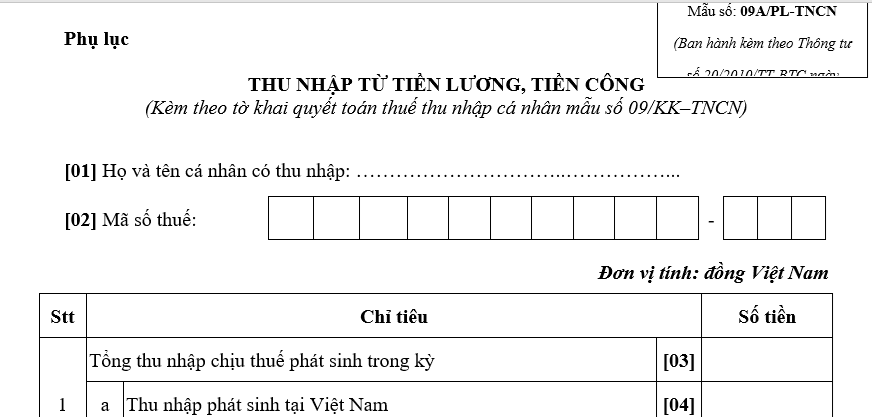 Mẫu thu nhập từ tiền lương, tiền công kèm theo tờ khai quyết toán thuế thu nhập cá nhân mới nhất?