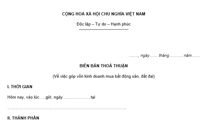 Mẫu biên bản thỏa thuận về việc góp vốn kinh doanh mua bất động sản, đất đai mới nhất? Tải về ở đâu?