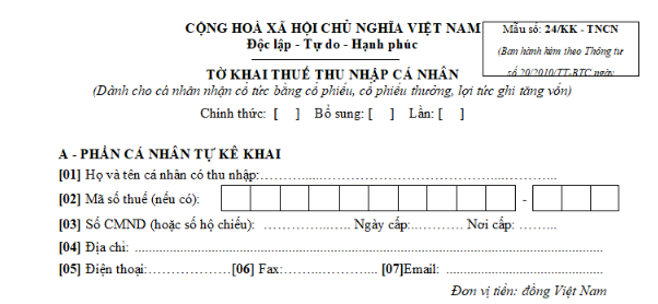 Mẫu Tờ khai thuế TNCN dành cho cá nhân nhận cổ tức bằng cổ phiếu, cổ phiếu thưởng, nhận cổ tức ghi tăng vốn góp?