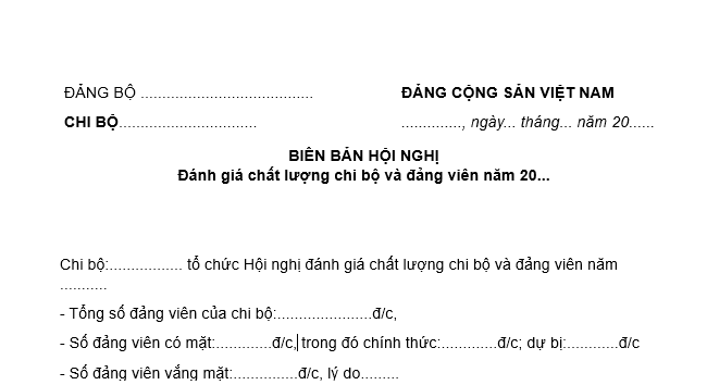 Mẫu biên bản hội nghị đánh giá chất lượng chi bộ và đảng viên cuối năm mới nhất là mẫu nào? Tải về ở đâu?