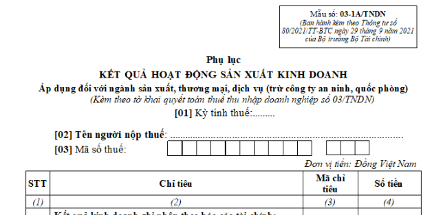 Mẫu Phụ lục kết quả hoạt động sản xuất kinh doanh áp dụng đối với ngành sản xuất, thương mại, dịch vụ?