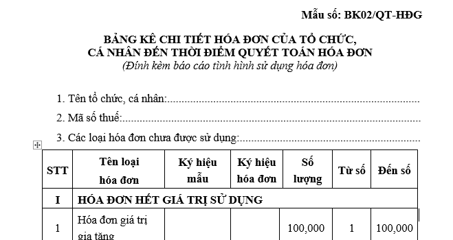 Mẫu Bảng kê chi tiết hóa đơn của tổ chức, cá nhân đến thời điểm quyết toán hóa đơn mới nhất? Tải về?