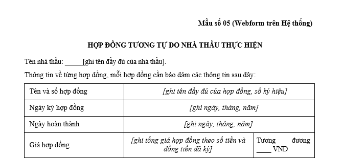 Mẫu Hợp đồng tương tự do nhà thầu thực hiện trong hồ sơ mời thầu xây lắp qua mạng một giai đoạn hai túi hồ sơ mới nhất?